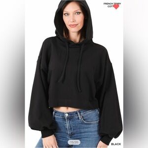 BLACK FRENCH TERRY DROP SHOULDER CROPPED HOODIE